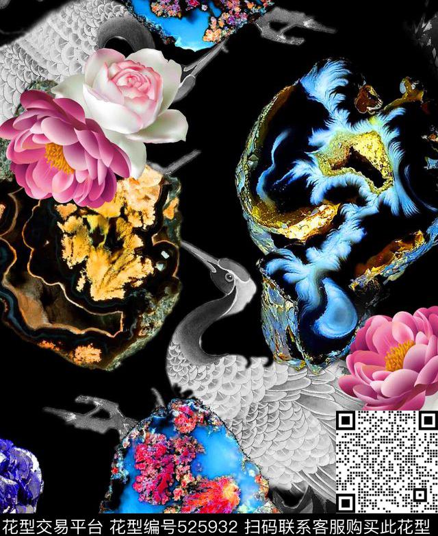 白鹤彩色纹理另类中国风数码印花华亿平台下载（图片编号: 525932） - 瓦栏（Walan）