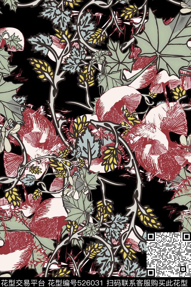 复古风连衣裙花卉连衣裙水红色蘑菇传统印花华亿平台下载（图片编号: 526031） - 瓦栏（Walan）