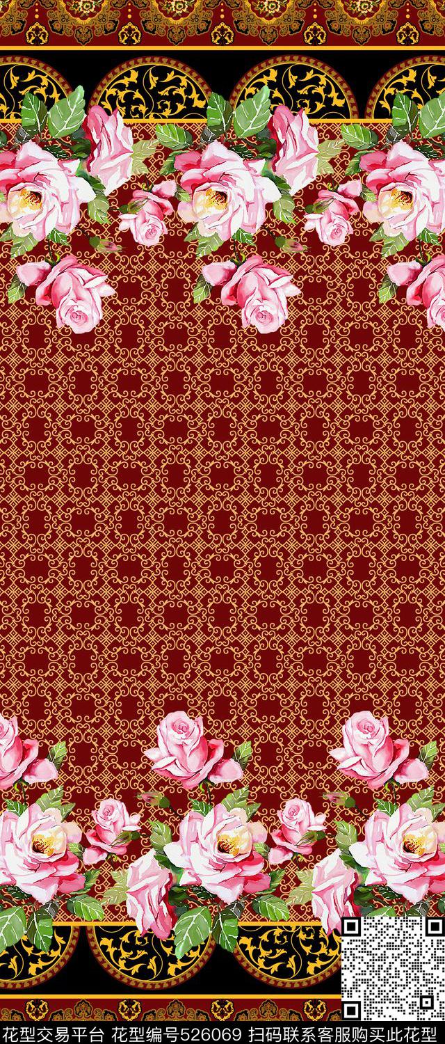 中东裙边花花卉纹样几何双边定位印花传统印花华亿平台下载（图片编号: 526069） - 瓦栏（Walan）