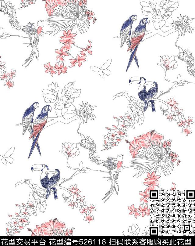 几何鸟树叶传统印花华亿平台下载（图片编号: 526116） - 瓦栏（Walan）