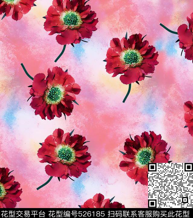 复古花卉水彩纹数码印花华亿平台下载（图片编号: 526185） - 瓦栏（Walan）