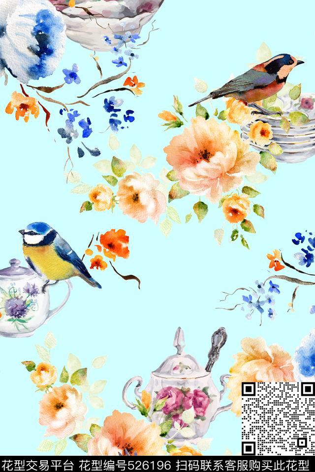 花卉餐具鸟数码印花华亿平台下载（图片编号: 526196） - 瓦栏（Walan）