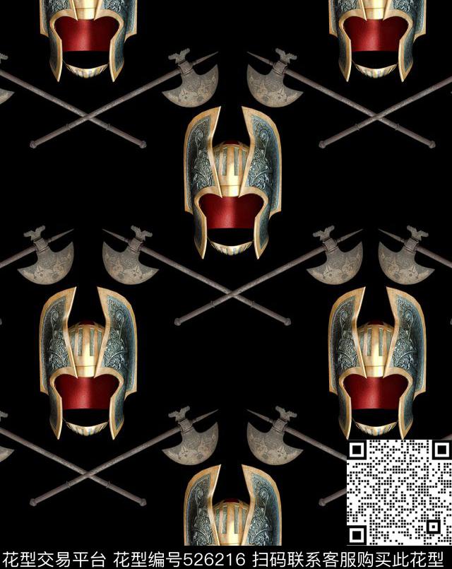 时尚流行中世纪骑士头盔数码印花华亿平台下载（图片编号: 526216） - 瓦栏（Walan）
