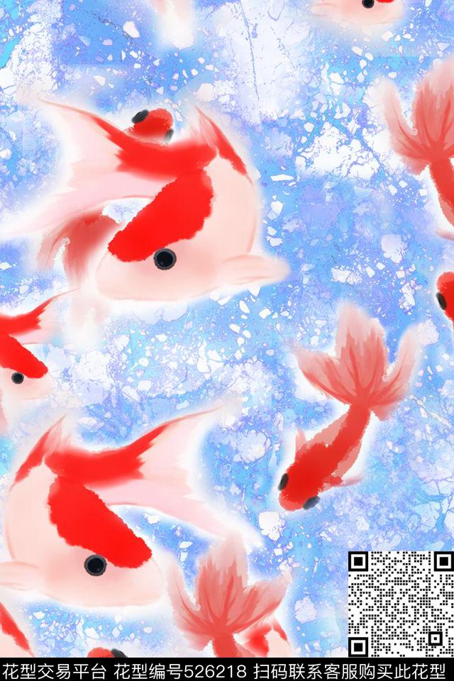 复古水墨金鱼数码印花华亿平台下载（图片编号: 526218） - 瓦栏（Walan）