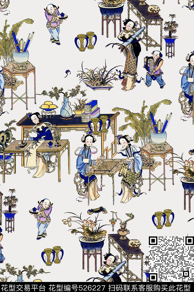 大牌中国风古代人物民间风情男装女装围巾抽象裙子衬衫裤子人物古典复古民族数码印花华亿平台下载（图片编号: 526227） - 瓦栏（Walan）