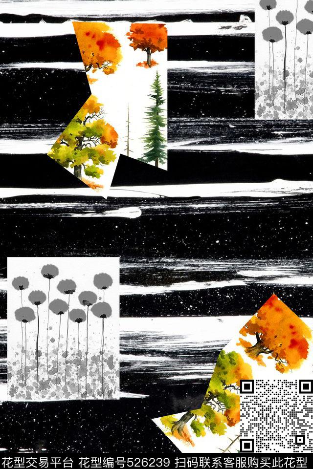 原创黑色纹理条野菊花数码印花华亿平台下载（图片编号: 526239） - 瓦栏（Walan）