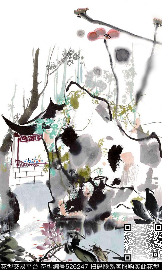 民居花卉水墨抽象画中国风定位数码印花华亿平台下载（图片编号: 526247） - 瓦栏（Walan）
