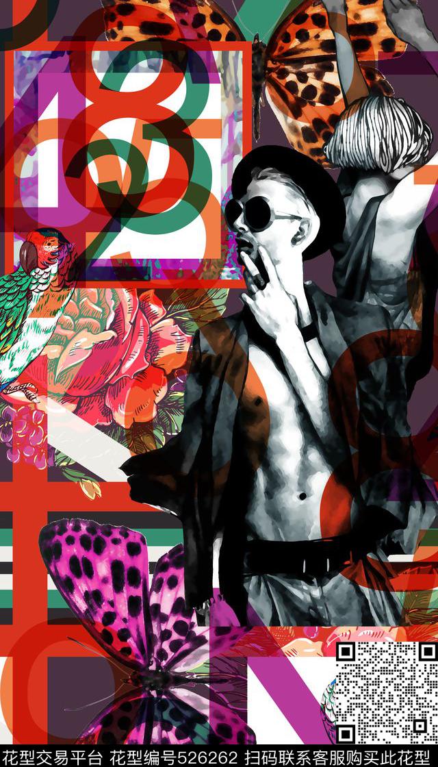 玫瑰鹦鹉时尚潮流手绘模特数码印花华亿平台下载（图片编号: 526262） - 瓦栏（Walan）