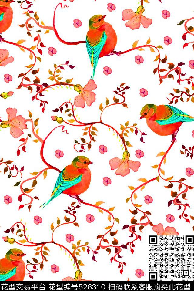 花卉水彩中国风数码印花华亿平台下载（图片编号: 526310） - 瓦栏（Walan）