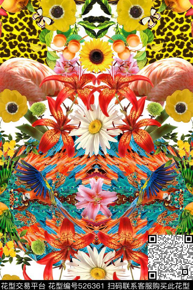 豹纹定位图花卉数码印花华亿平台下载（图片编号: 526361） - 瓦栏（Walan）