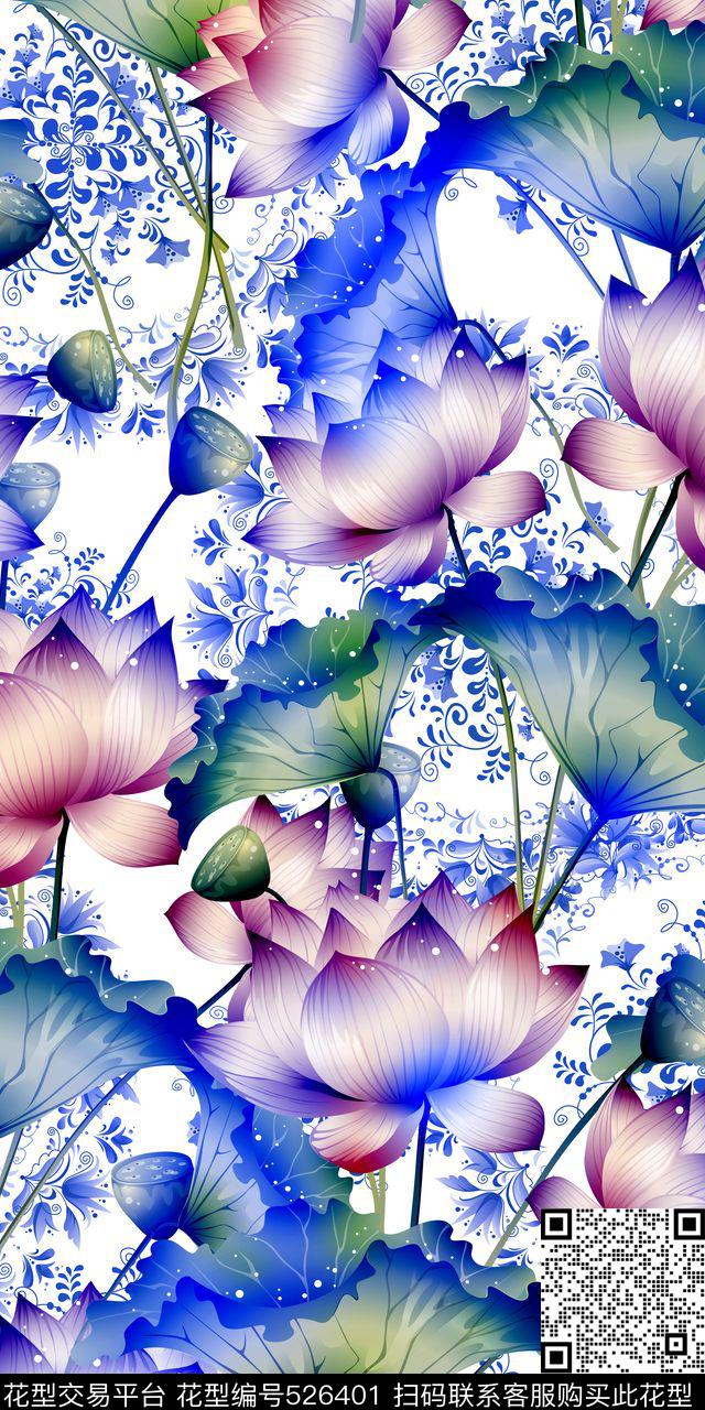 荷花荷叶面料窗帘布数码印花华亿平台下载（图片编号: 526401） - 瓦栏（Walan）