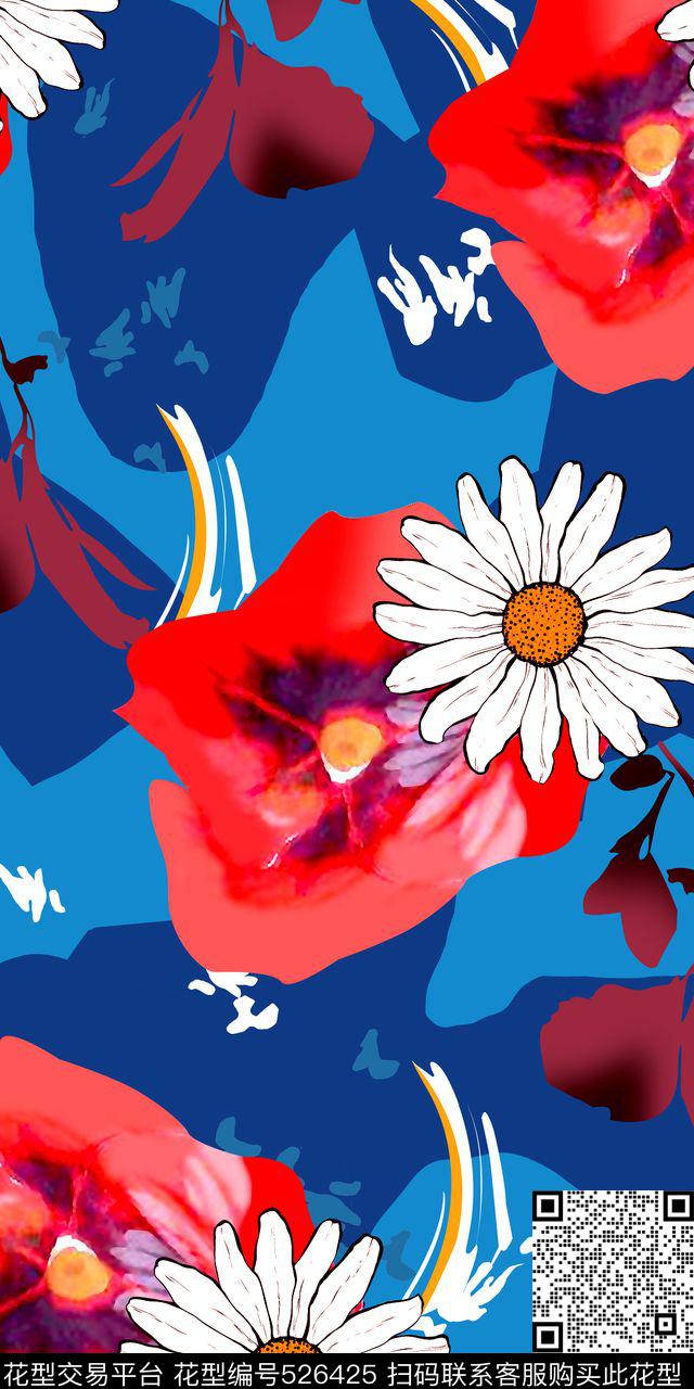 手绘菊花纯底数码印花华亿平台下载（图片编号: 526425） - 瓦栏（Walan）