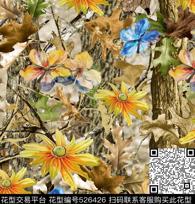 女装潮流时尚大牌手绘欧式大树迷彩数码印花华亿平台下载（图片编号: 526426） - 瓦栏（Walan）