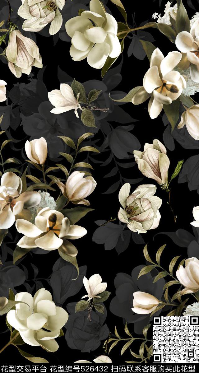 简洁黑色低白色花数码印花华亿平台下载（图片编号: 526432） - 瓦栏（Walan）
