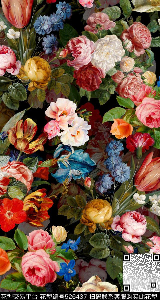 黑底油画花卉满花数码印花华亿平台下载（图片编号: 526437） - 瓦栏（Walan）