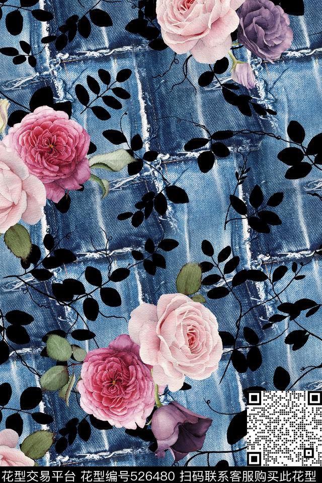 茶壶花卉牛仔纹数码印花华亿平台下载（图片编号: 526480） - 瓦栏（Walan）