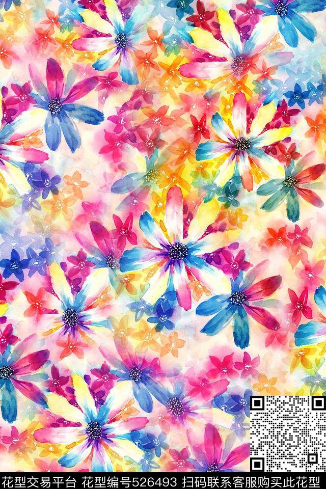 小清新抽象炫彩水彩花卉女士短裙连衣裙数码印花华亿平台下载（图片编号: 526493） - 瓦栏（Walan）