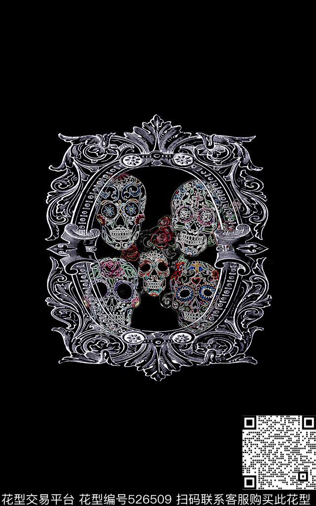 欧美最新时尚潮流男女T恤服装欧美边框七彩亮边骷髅头独幅数码印花华亿平台下载（图片编号: 526509） - 瓦栏（Walan）