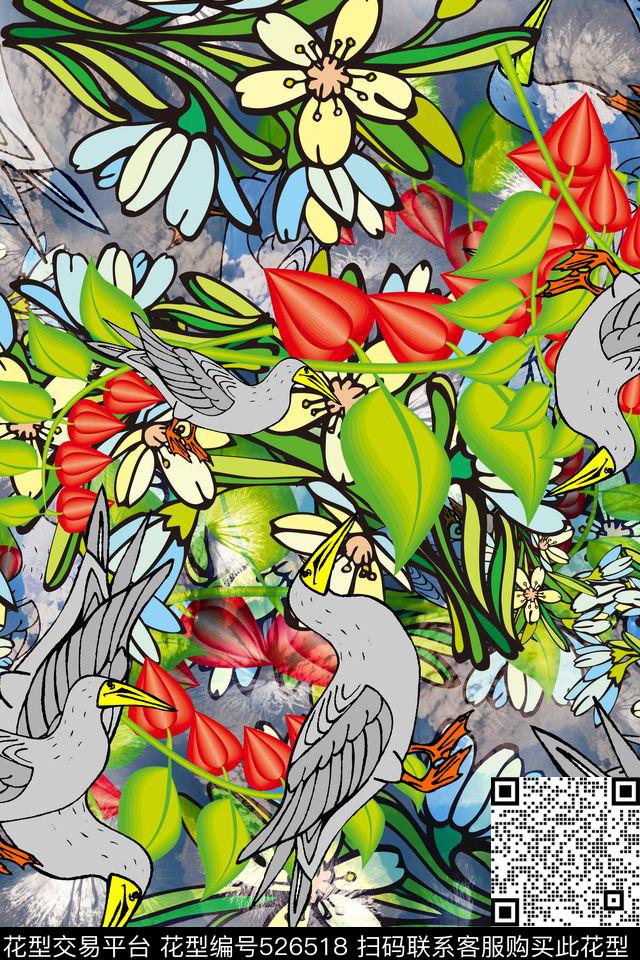 花卉连衣裙花鸟结合衬衣华亿平台时尚结合欧美风数码印花华亿平台下载（图片编号: 526518） - 瓦栏（Walan）