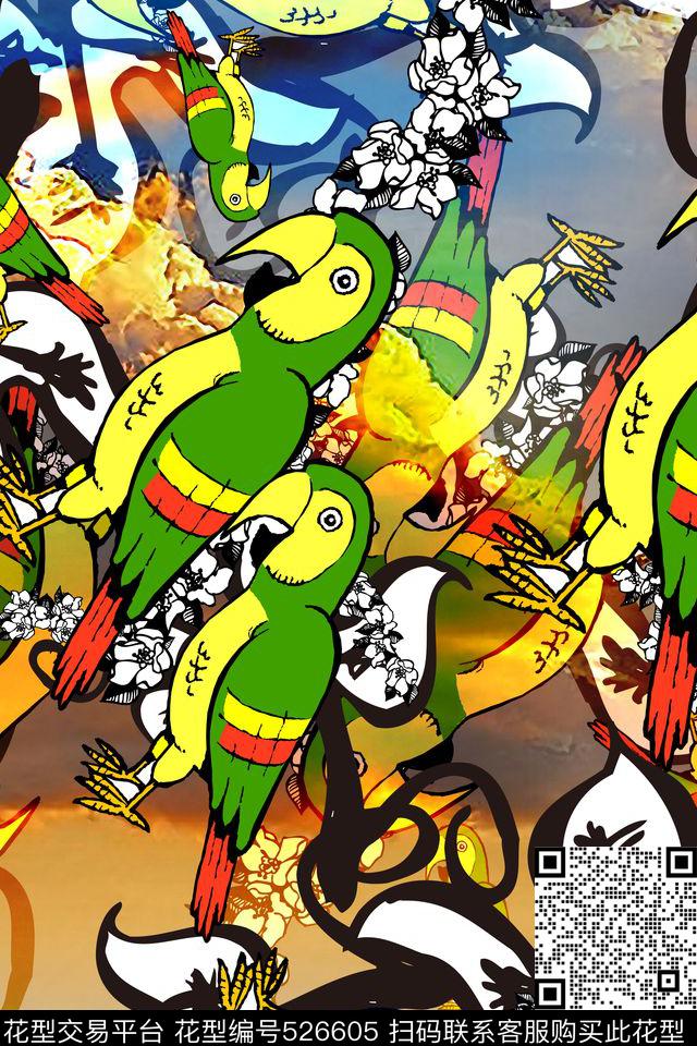 花卉鸟结合衬衣清新脱俗彩色优雅数码印花华亿平台下载（图片编号: 526605） - 瓦栏（Walan）