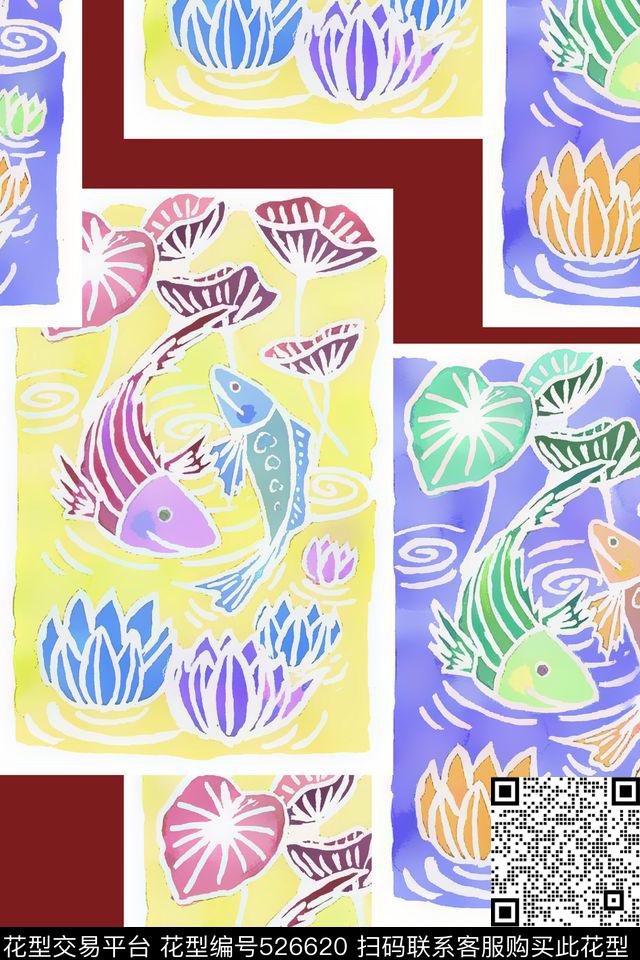复古鱼荷花几何数码印花华亿平台下载（图片编号: 526620） - 瓦栏（Walan）