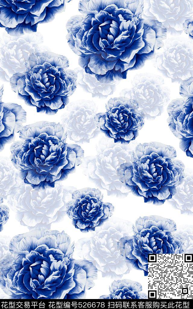 花卉中国风青花瓷数码印花华亿平台下载（图片编号: 526678） - 瓦栏（Walan）