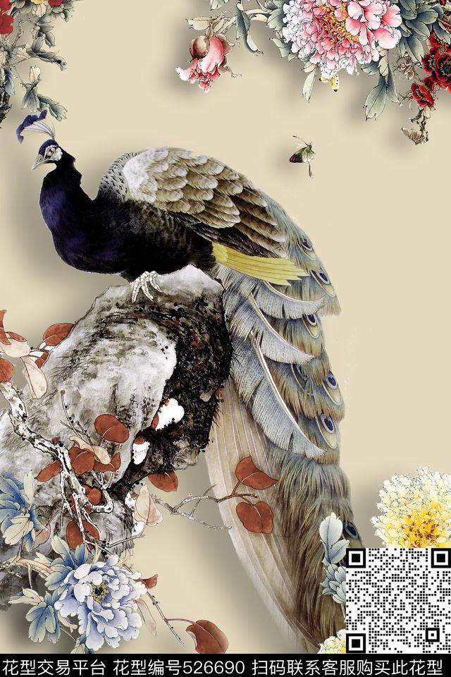 服装定位孔雀牡丹数码印花华亿平台下载（图片编号: 526690） - 瓦栏（Walan）
