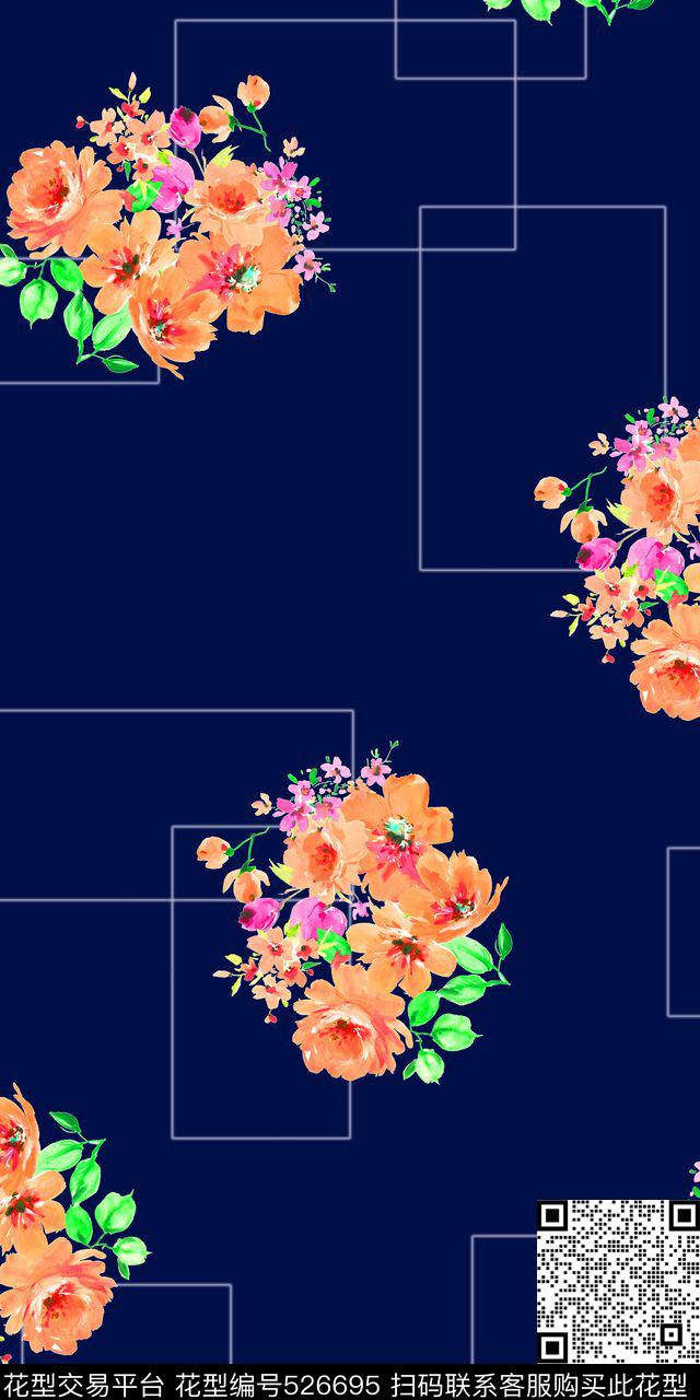 时尚花卉线条连衣裙数码印花华亿平台下载（图片编号: 526695） - 瓦栏（Walan）