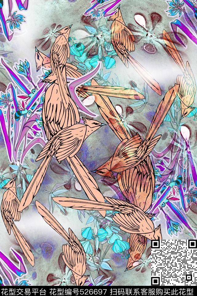 衬衣清新脱俗丛林鸟田园风复古生灵数码印花华亿平台下载（图片编号: 526697） - 瓦栏（Walan）