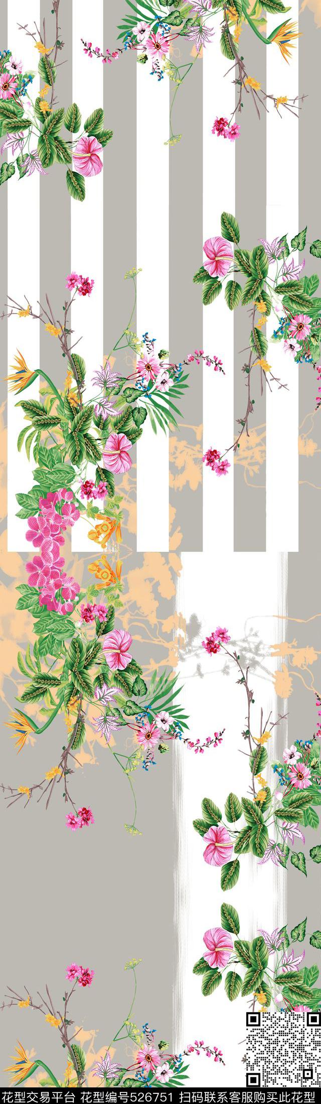 现代花卉竖条数码印花华亿平台下载（图片编号: 526751） - 瓦栏（Walan）