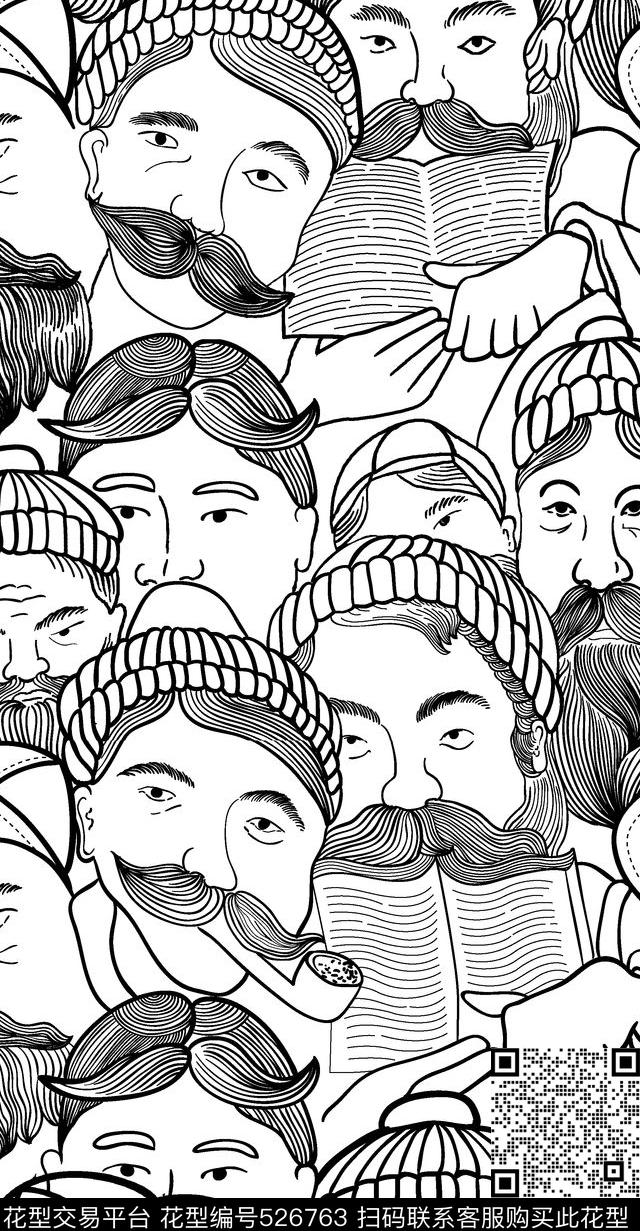 时尚潮流黑白线描胡子传统印花华亿平台下载（图片编号: 526763） - 瓦栏（Walan）