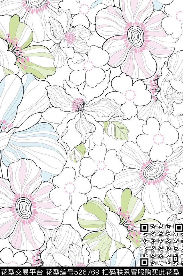 小清新韩式花卉清新淡彩传统印花华亿平台下载（图片编号: 526769） - 瓦栏（Walan）