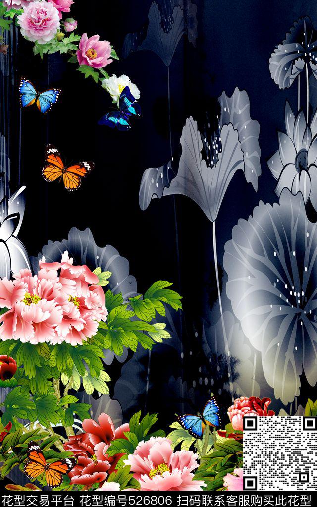中国风荷花牡丹蝴蝶复古数码印花华亿平台下载（图片编号: 526806） - 瓦栏（Walan）