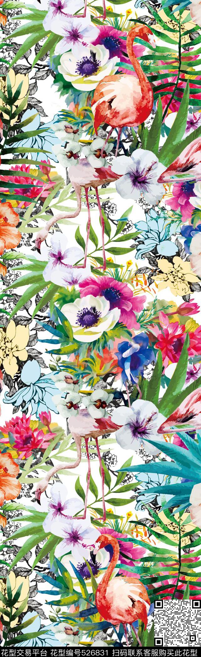 热带风情水彩花卉动物花卉组合数码印花华亿平台下载（图片编号: 526831） - 瓦栏（Walan）