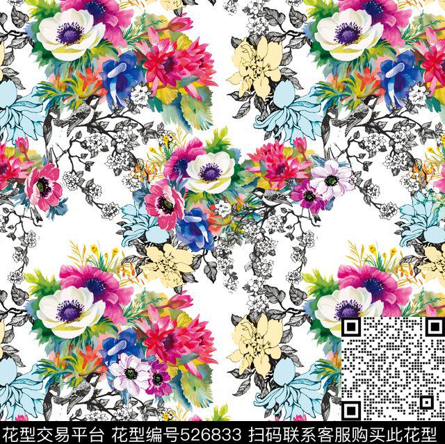 水彩花卉线条花卉组合满版大花数码印花华亿平台下载（图片编号: 526833） - 瓦栏（Walan）