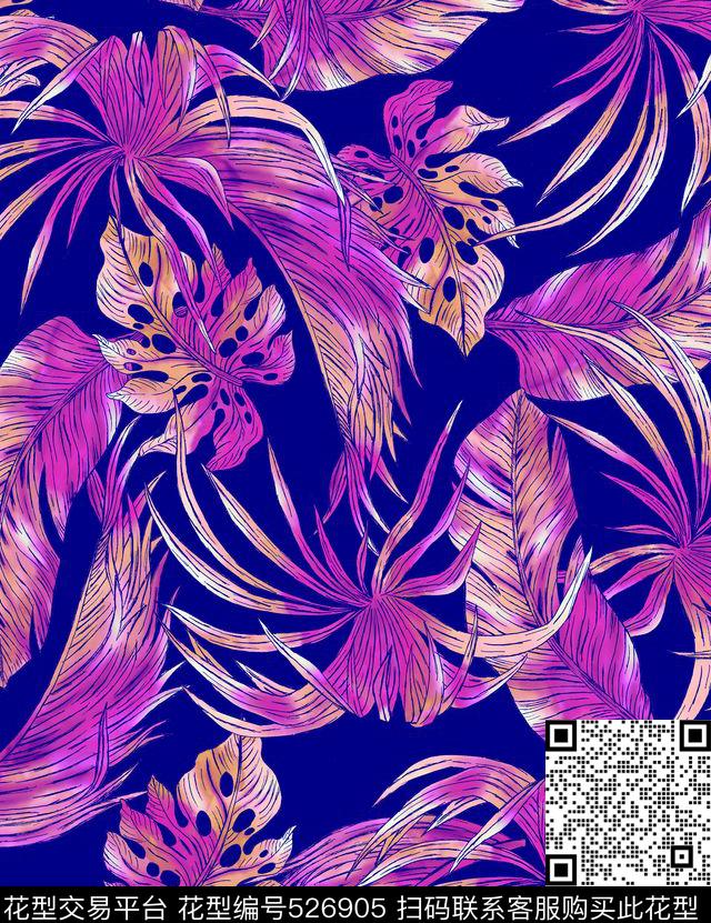 热带叶子热带植物原创手绘数码印花华亿平台下载（图片编号: 526905） - 瓦栏（Walan）