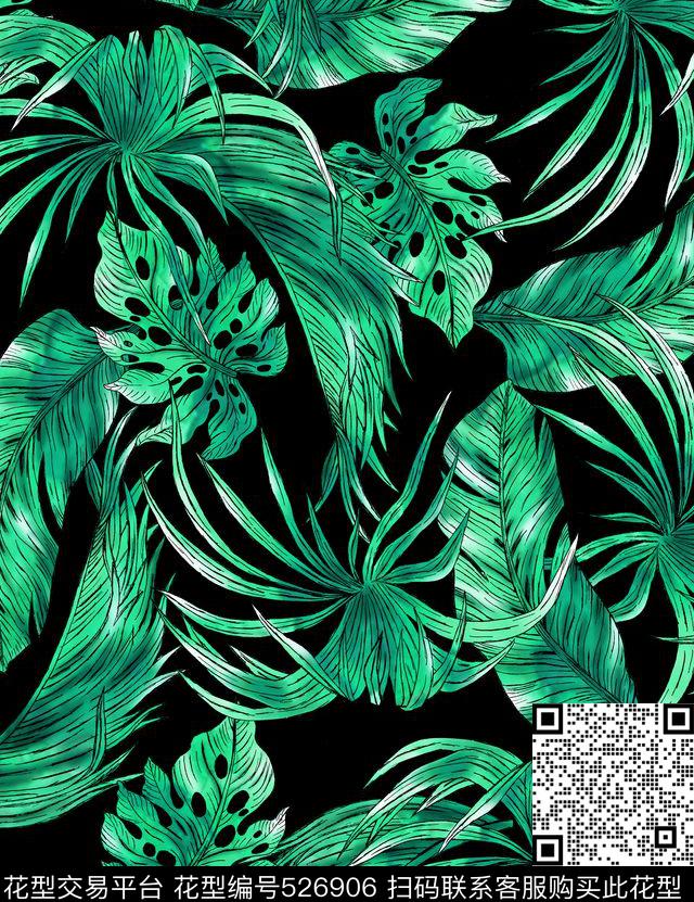 热带叶子热带植物原创手绘数码印花华亿平台下载（图片编号: 526906） - 瓦栏（Walan）