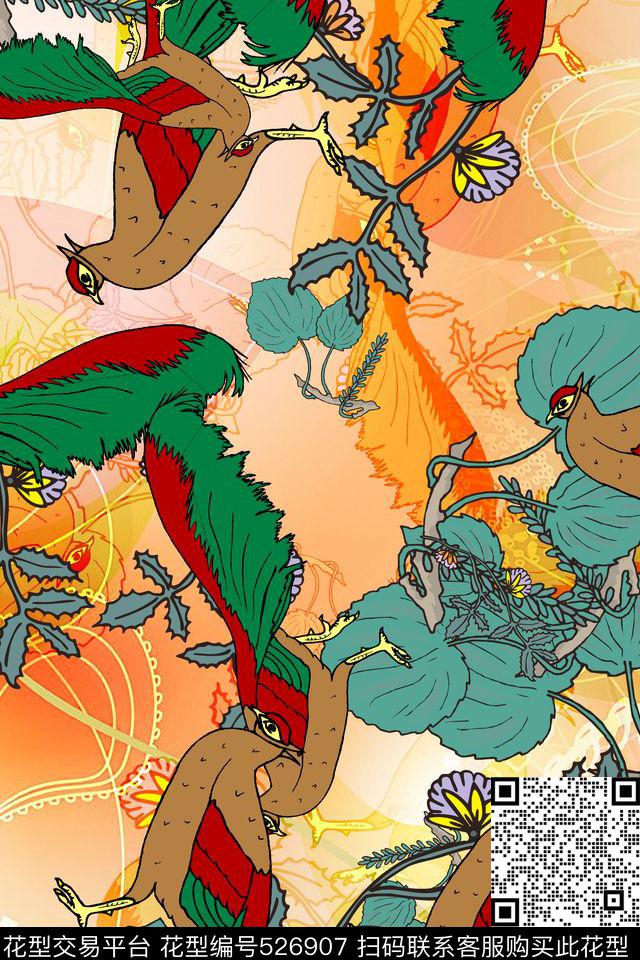 梦幻橘色动物孔雀小清新复古花卉数码印花华亿平台下载（图片编号: 526907） - 瓦栏（Walan）