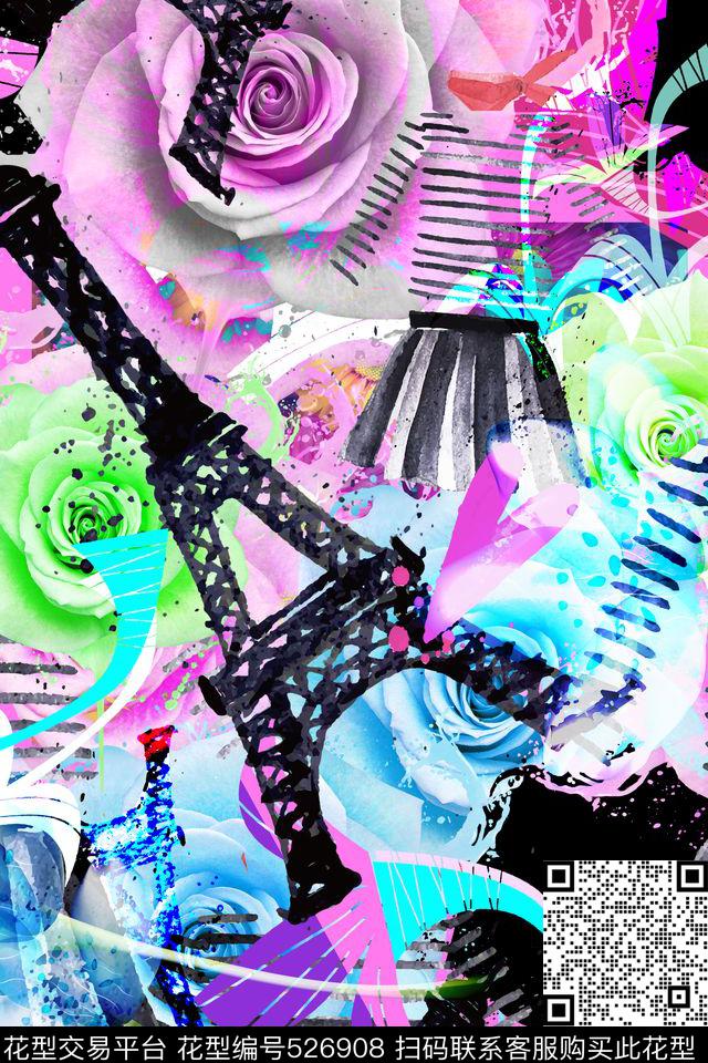 巴黎铁塔潮流时尚花卉数码印花华亿平台下载（图片编号: 526908） - 瓦栏（Walan）