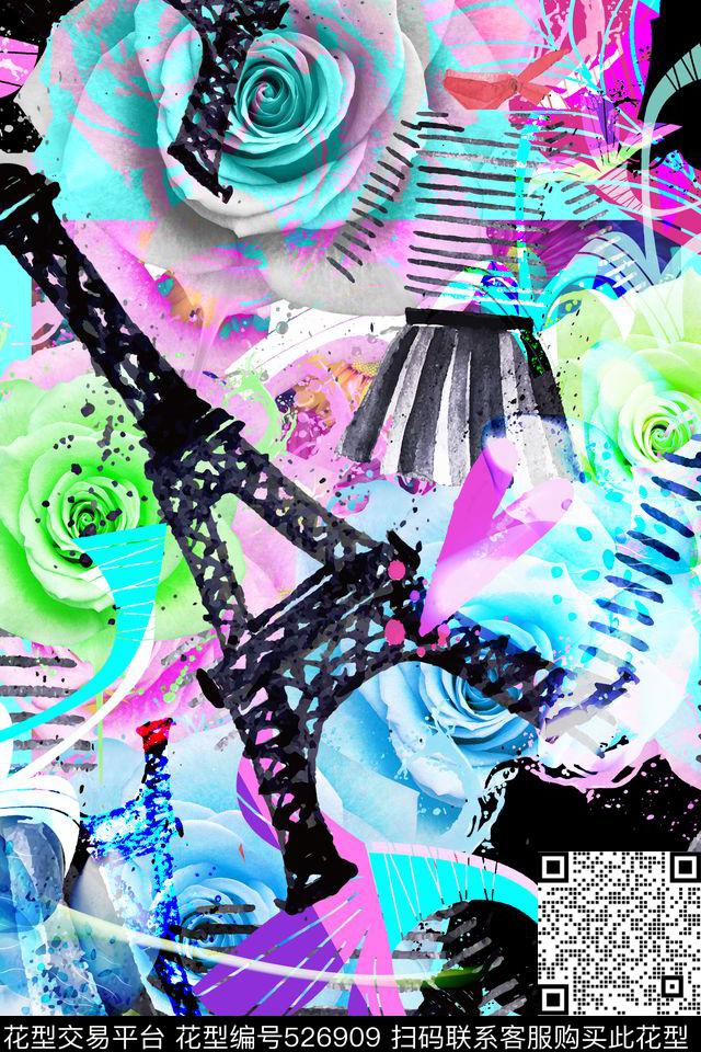 巴黎铁塔潮流时尚花卉数码印花华亿平台下载（图片编号: 526909） - 瓦栏（Walan）