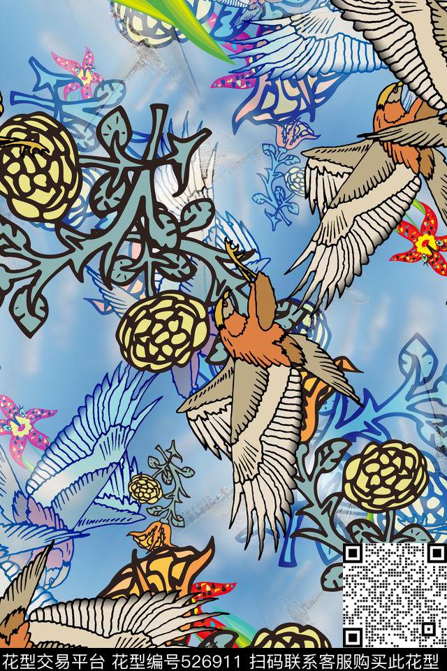 经典海洋蓝花鸟结合衬衣华亿平台简约自然生灵连衣裙数码印花华亿平台下载（图片编号: 526911） - 瓦栏（Walan）