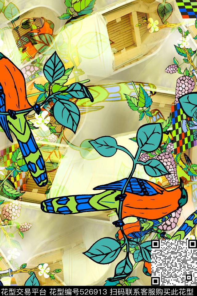 花鸟结合衬衣华亿平台小船白色底连衣裙童装家纺数码印花华亿平台下载（图片编号: 526913） - 瓦栏（Walan）