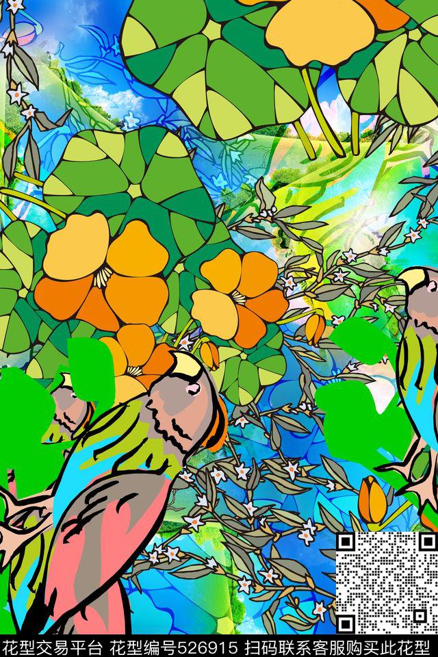 彩色花卉鸟类童装连衣裙花卉数码印花华亿平台下载（图片编号: 526915） - 瓦栏（Walan）