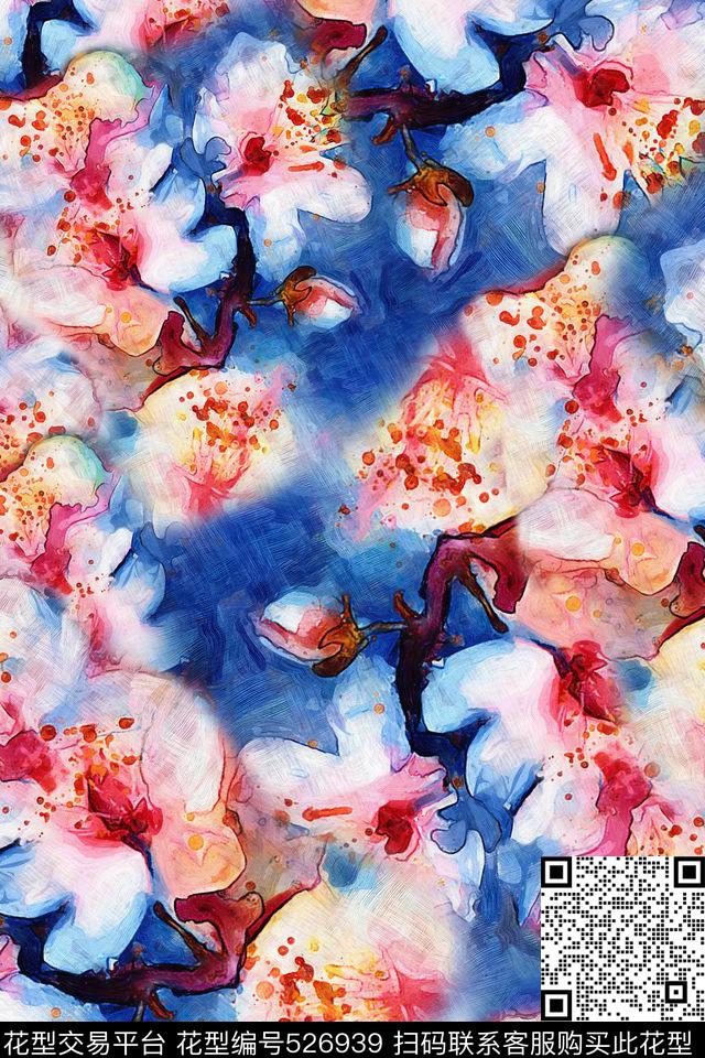 欧美花卉手绘数码印花华亿平台下载（图片编号: 526939） - 瓦栏（Walan）