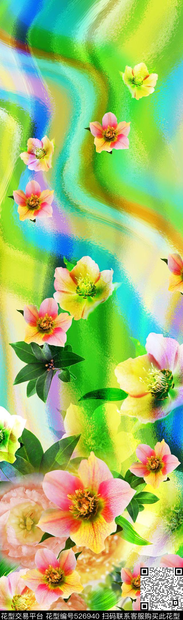 数码花卉波浪纹数码印花华亿平台下载（图片编号: 526940） - 瓦栏（Walan）