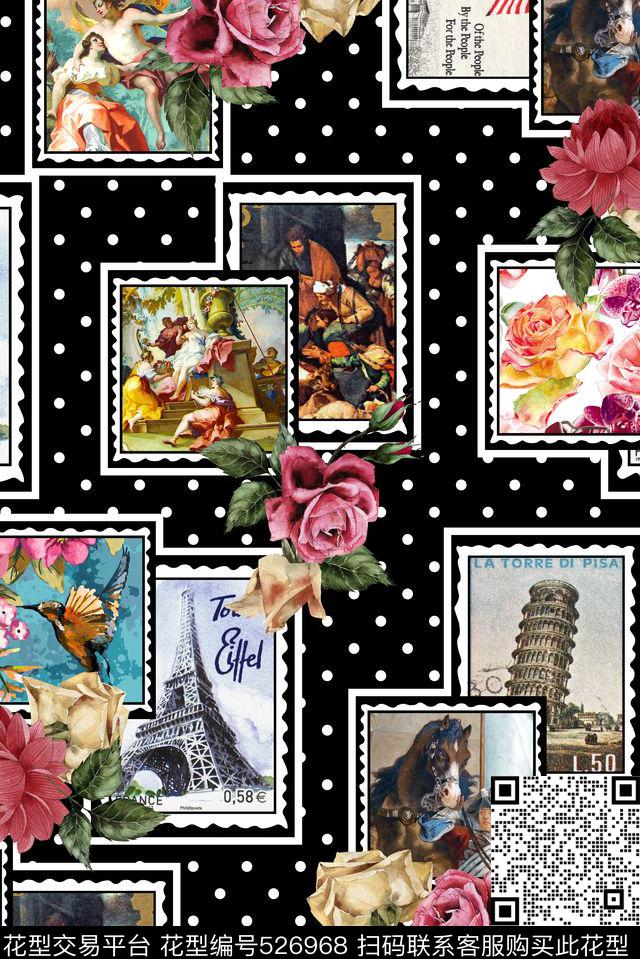 花卉邮票黑底原点数码印花华亿平台下载（图片编号: 526968） - 瓦栏（Walan）