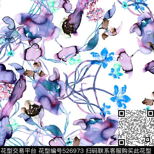 彩绘花卉花朵水墨花朵数码印花华亿平台下载（图片编号: 526973） - 瓦栏（Walan）