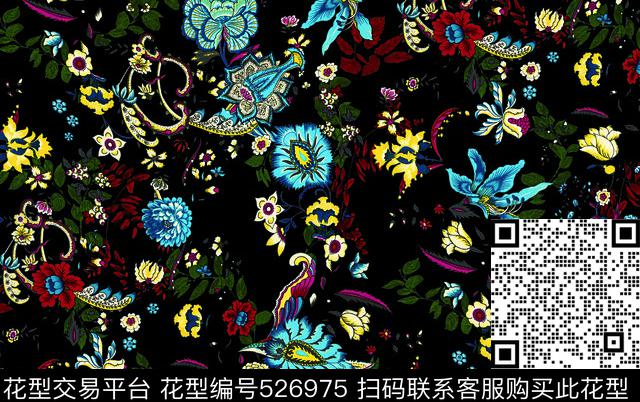 黑底乱花腰果数码印花华亿平台下载（图片编号: 526975） - 瓦栏（Walan）