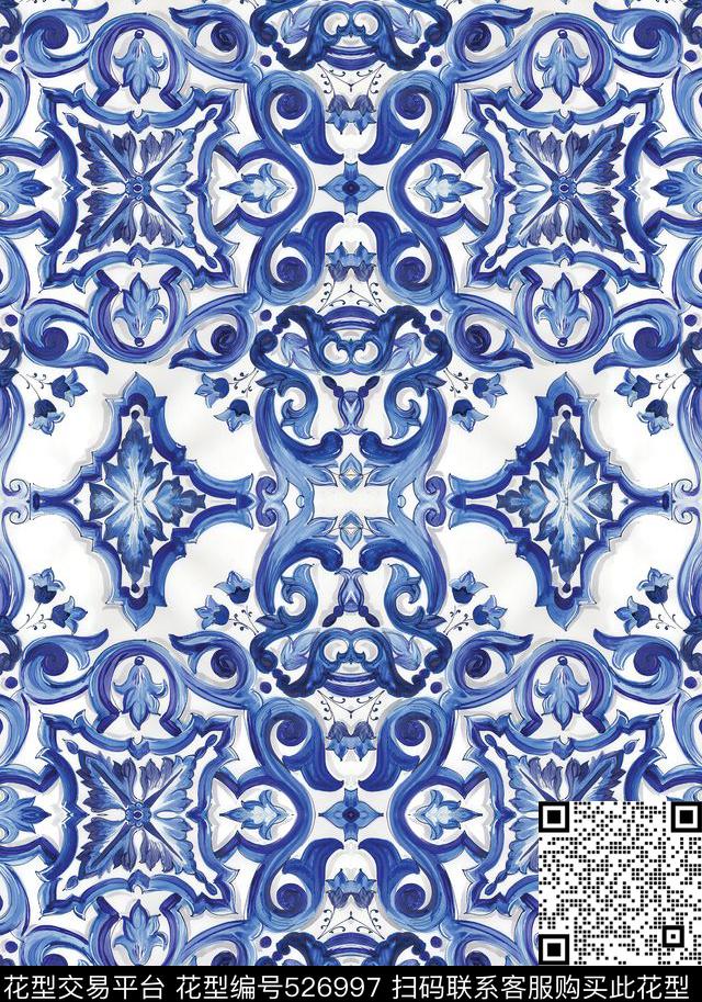 D&G大牌青花图案数码印花华亿平台下载（图片编号: 526997） - 瓦栏（Walan）