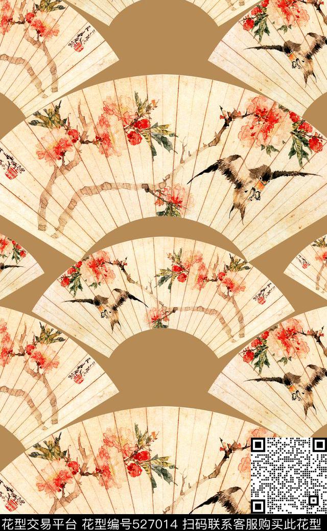 中国风扇子水墨花卉数码印花华亿平台下载（图片编号: 527014） - 瓦栏（Walan）